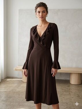 Express Chocolate Brown Ruffle-Trim Wrap Midi Dress